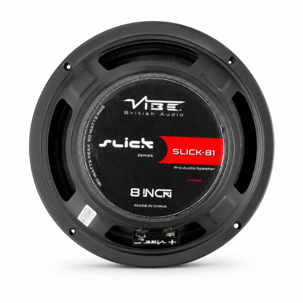 مدل: SLICK‑81 نوع بلندگو: Pro Audio Midrange توان RMS: 90 وات حداکثر توان (Peak): 180 وات حساسیت: 94 دسی‌بل پاسخ فرکانسی: 104Hz – 18KHz امپدانس: 4 اهم قطر نصب (Mounting Diameter): 182 میلی‌متر عمق نصب (Mounting Depth): 85 میلی‌متر آمپلی‌فایر پیشنهادی: SLICK Stereo 8